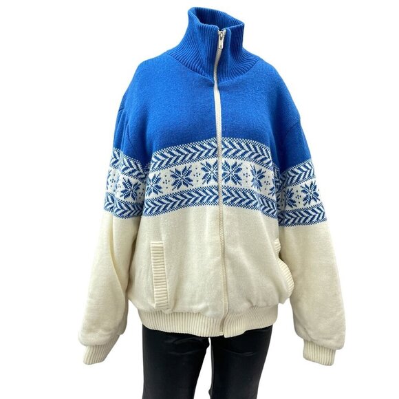 Vintage 70's Fingerhut Fashions Snow Flakes Blue & White Nordic Winter Jacket XL - Picture 1 of 9
